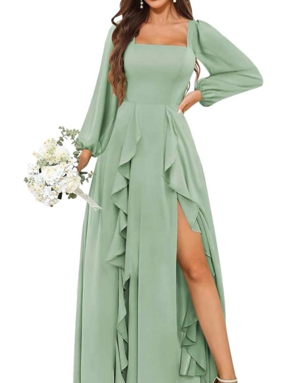 Sage Green Square Neck Ruffle Maxi Dress